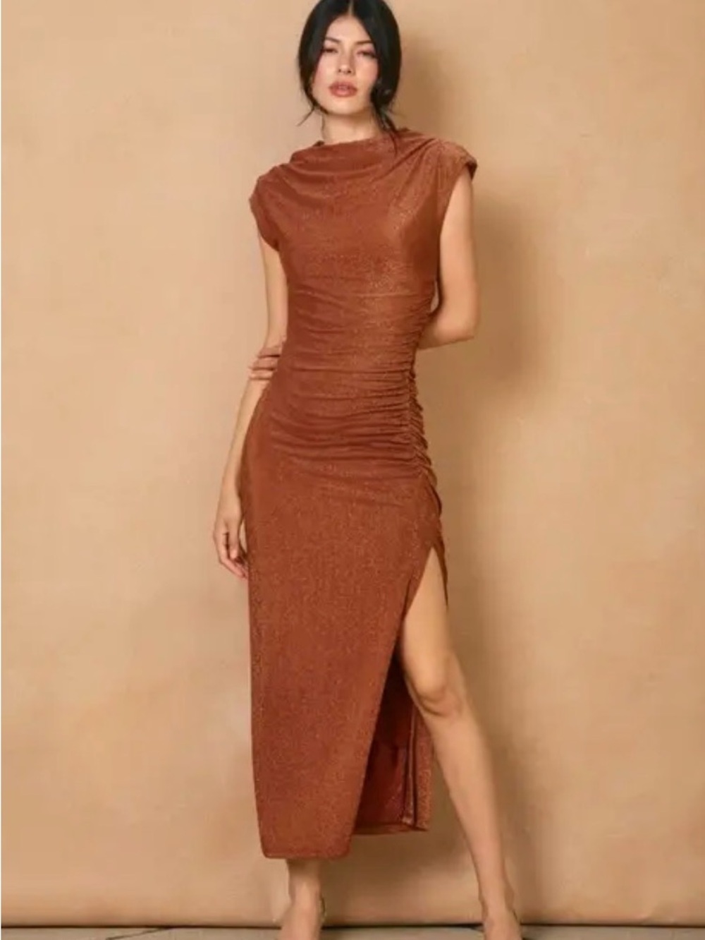 Dress Forum Copper Brown Ruched Maxi Dress with Side Slit
